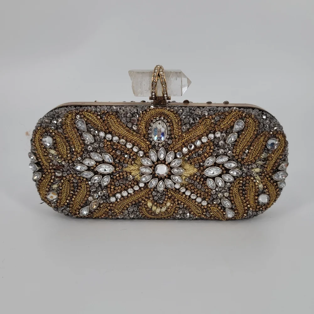 Marchesa Crystal Embellished Gold Evening Clutch with Strap and Dustbag